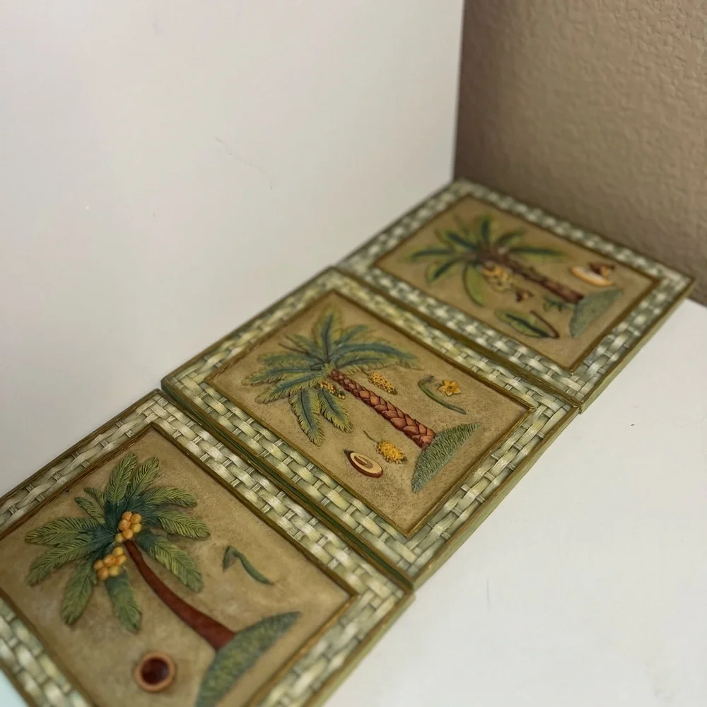 Vintage | Tropical Palm Tree Wall Art Plaques Set of 3 Coastal Boho Décor